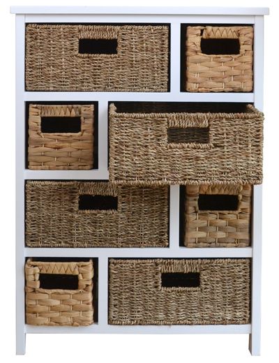White cabinet with 8 storage baskets